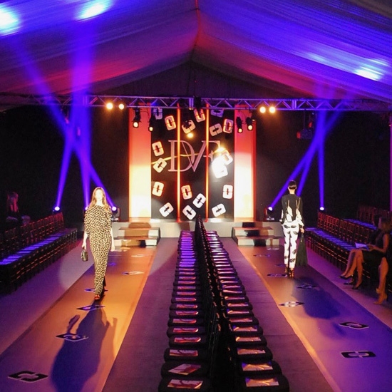 Lighting, Black Set, Marly Runway, Black Sheer drape, Sharpy, Aura, Tent.