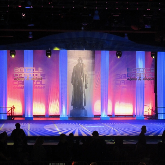 Set Design, Thomas Jefferson, fabric columns, Advanced Productions, fabric, lighting.